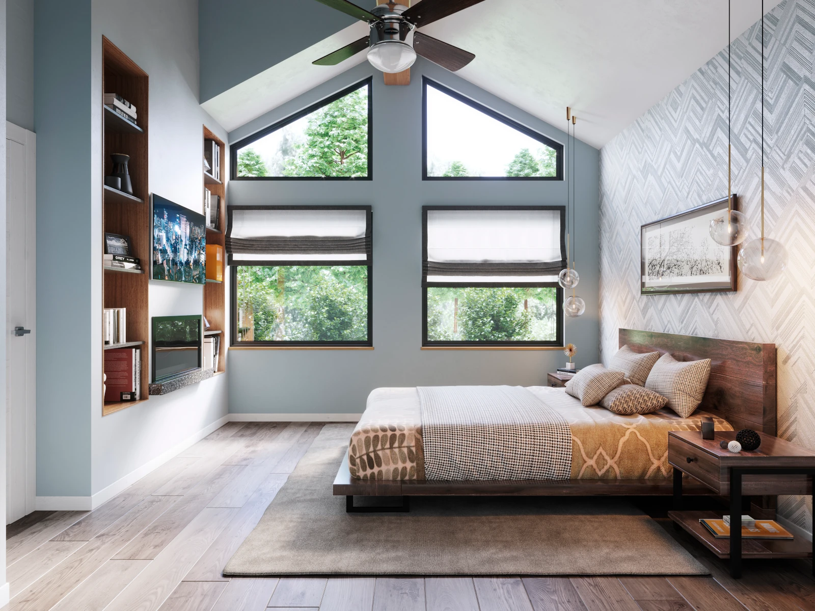 Master bedroom addition with vaulted ceiling, triangular gable windows, built-in wood shelving, platform bed, herringbone accent wall, and wide-plank wood flooring
