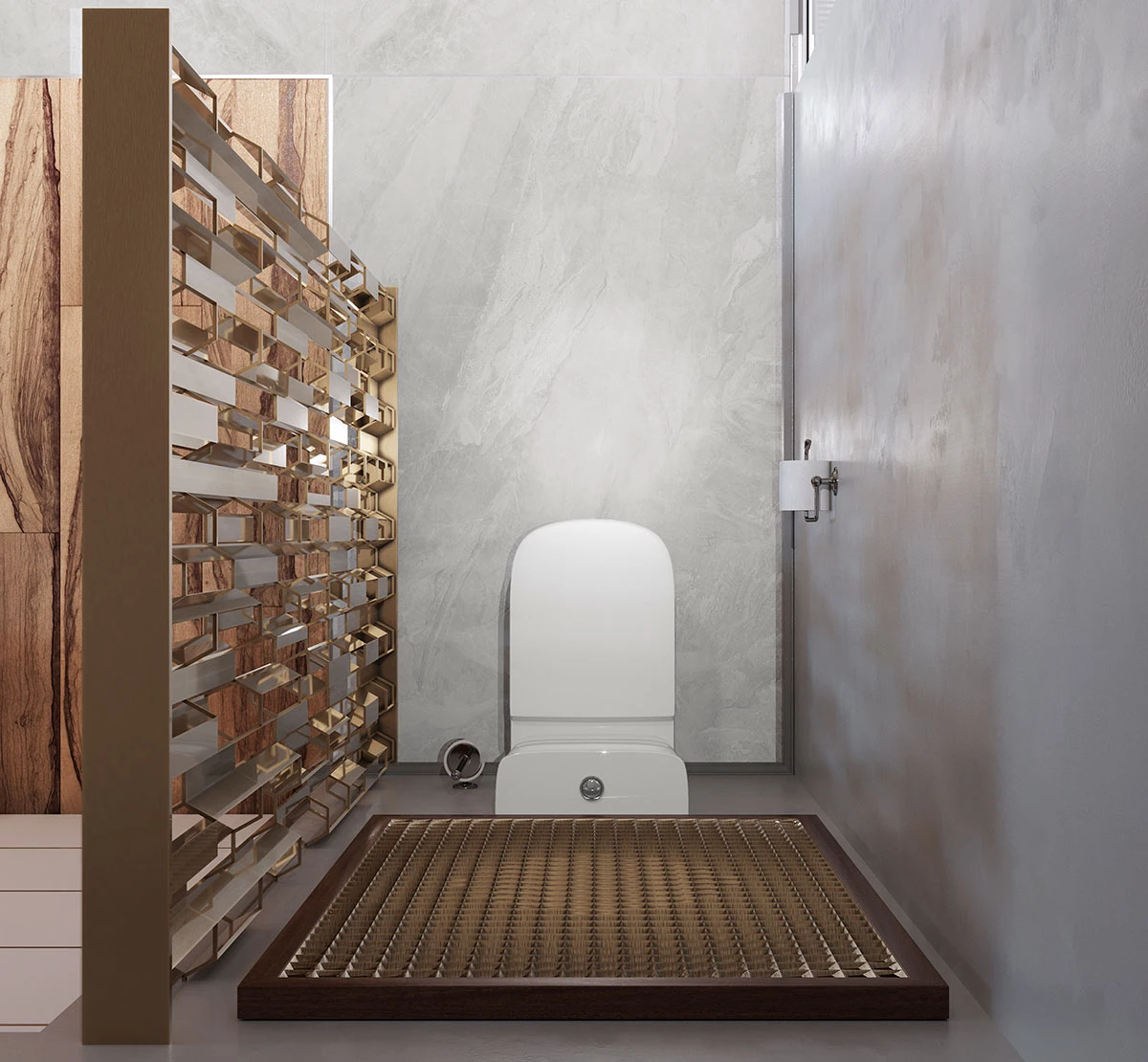 Overhead view of a toilet and large-format natural stone tile floor