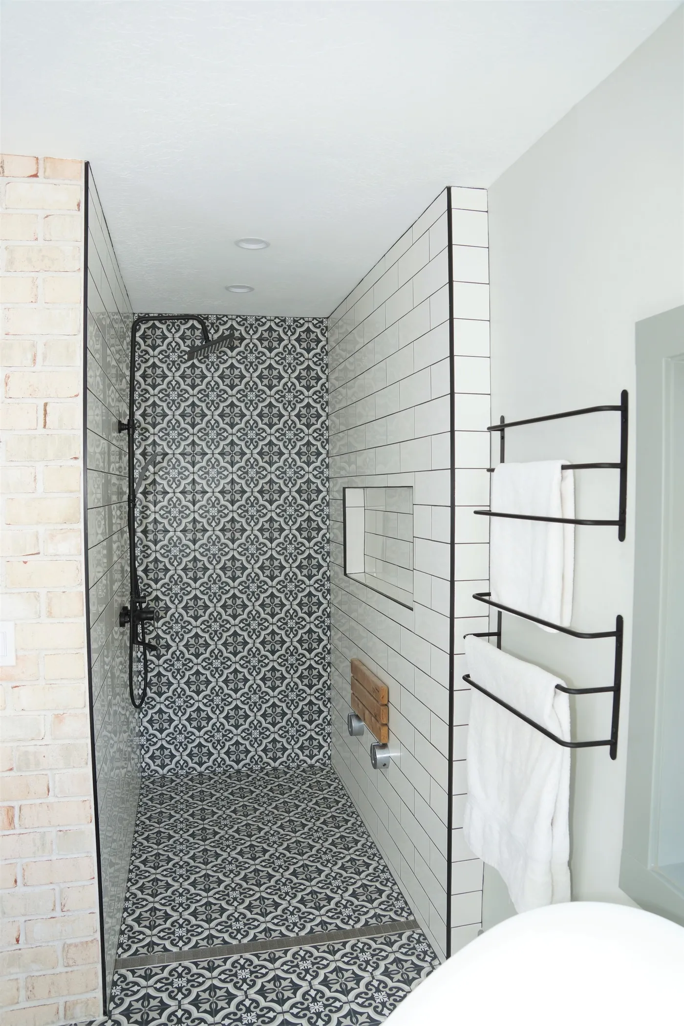 Boho-style bathroom with tiled walk-in shower in Salt Lake City