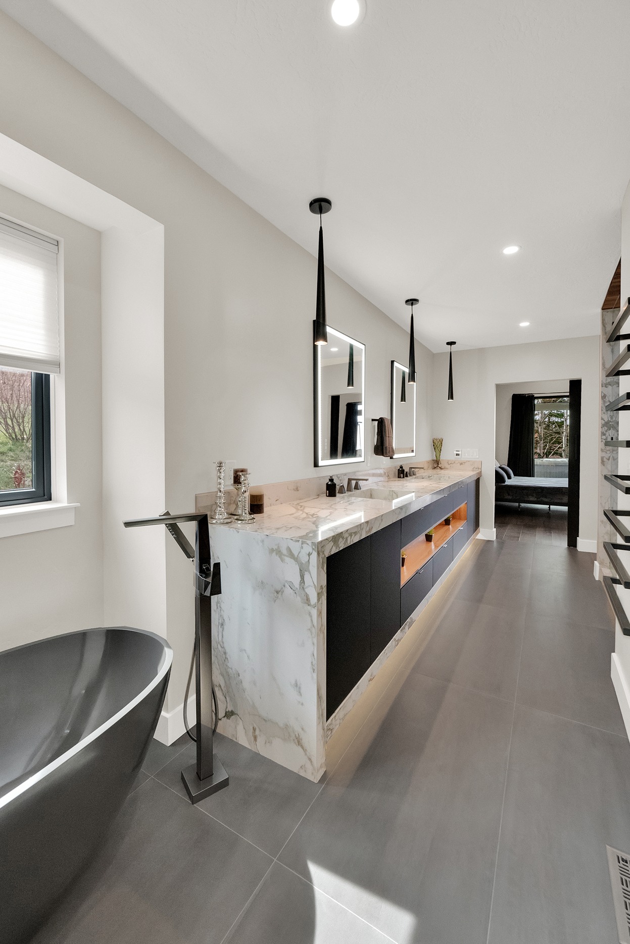 Stone flooring and marble countertop installed in Salt Lake City guest bathroom