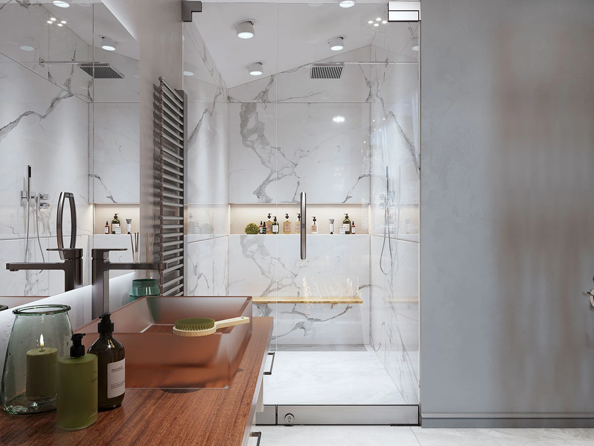 Boho-style bathroom with tiled walk-in shower in Salt Lake City