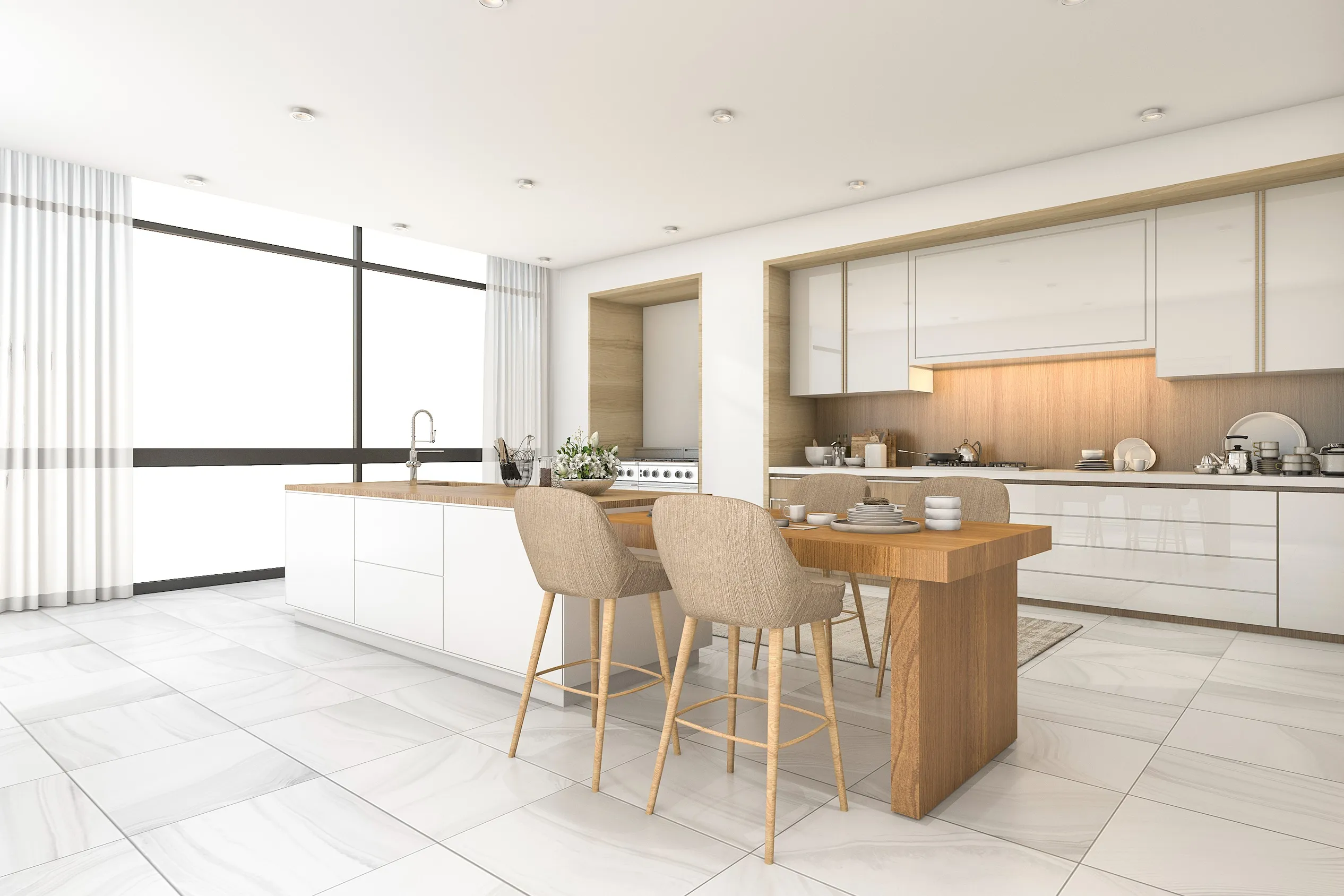 Large-format white marble kitchen tile flooring in a bright, modern minimalist dining area.