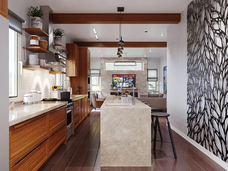 Dark walnut hardwood kitchen flooring installed in an open-concept layout.