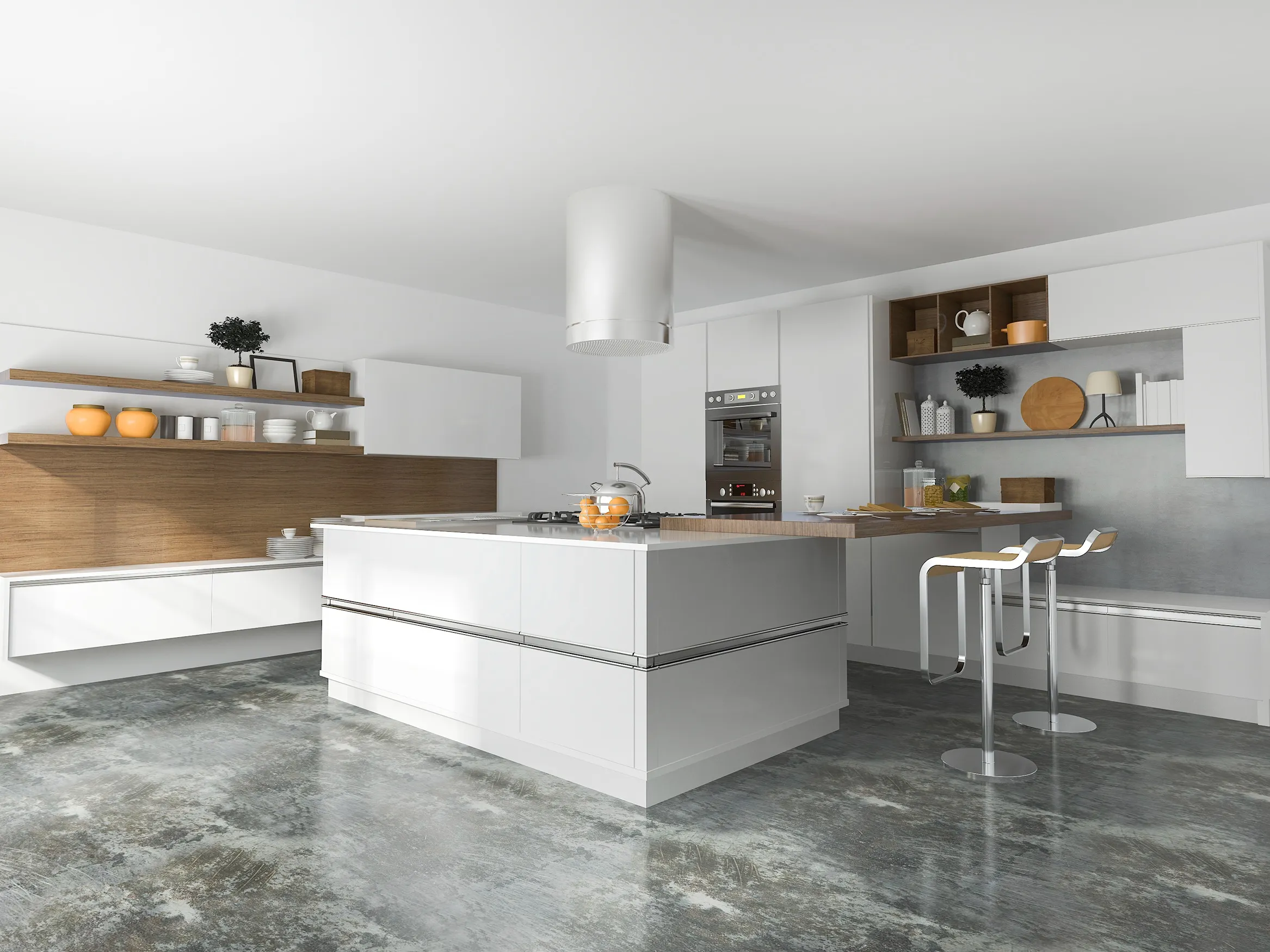 Concrete-look polished porcelain tile kitchen floor in a modern minimalist space.