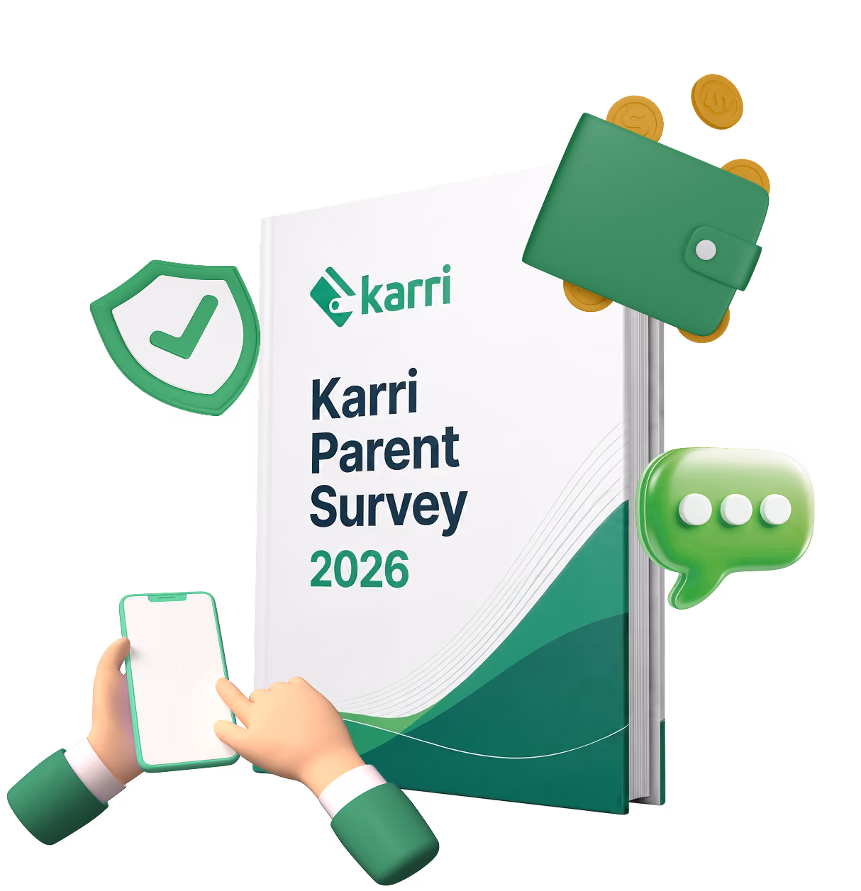 Book titled Karri Parent Survey 2026 with icons of a shield, wallet, coins, chat bubble, and hands holding a smartphone.