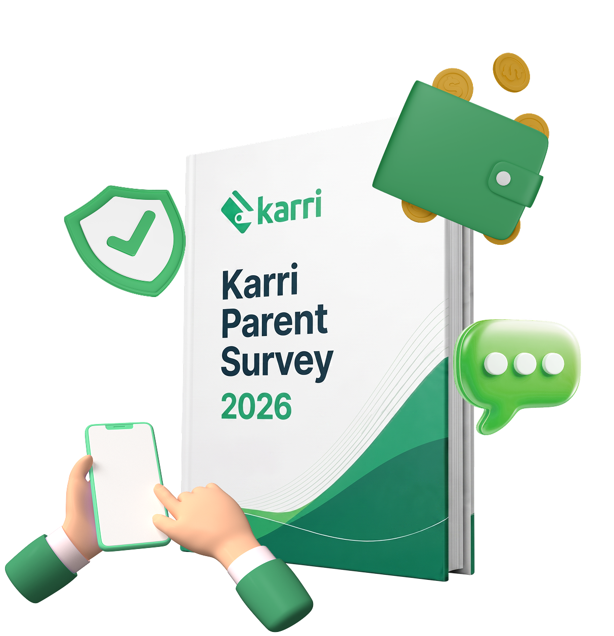 Book titled Karri Parent Survey 2026 with icons of a shield, wallet, coins, chat bubble, and hands holding a smartphone.