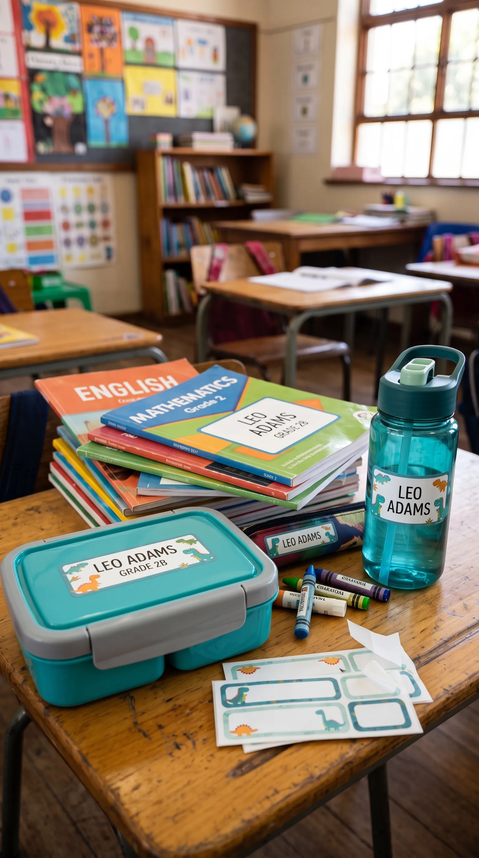 School lunch box and books on a table