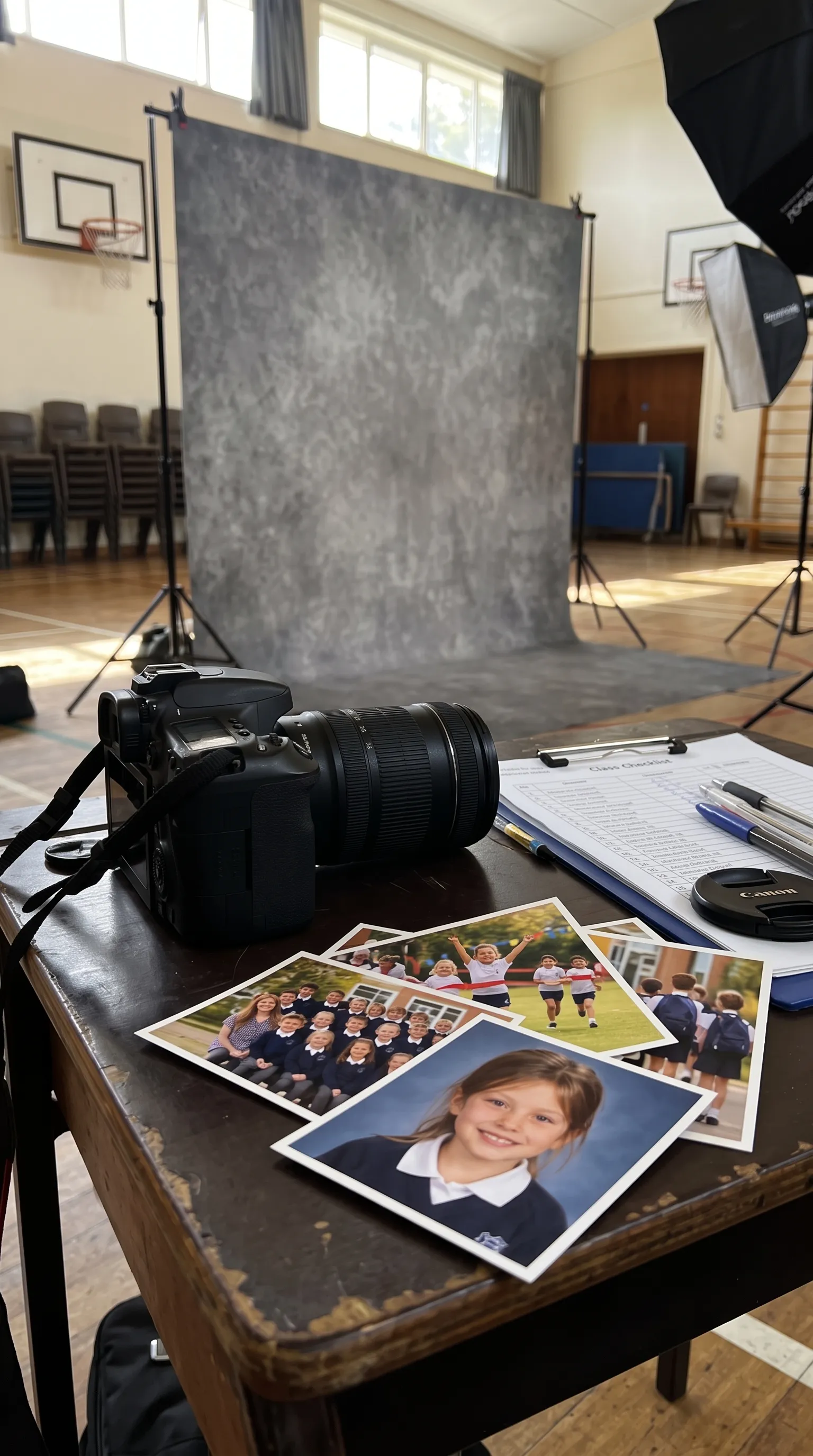 Camera and photos on a table at a school