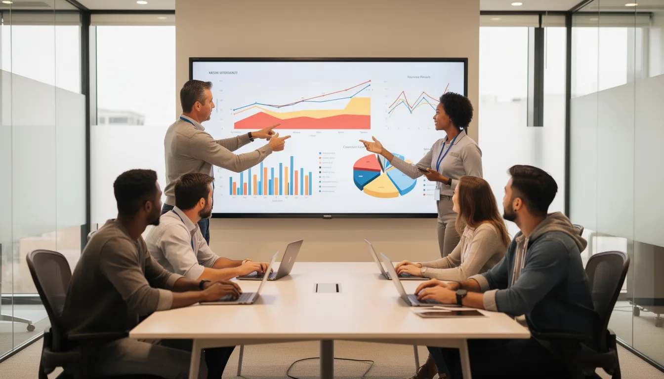A collaborative team is gathered around a large screen, analyzing charts and graphs that provide data driven insights into customer behavior and journey mapping. They are focused on enhancing the customer experience and satisfaction through actionable insights derived from customer data platforms.