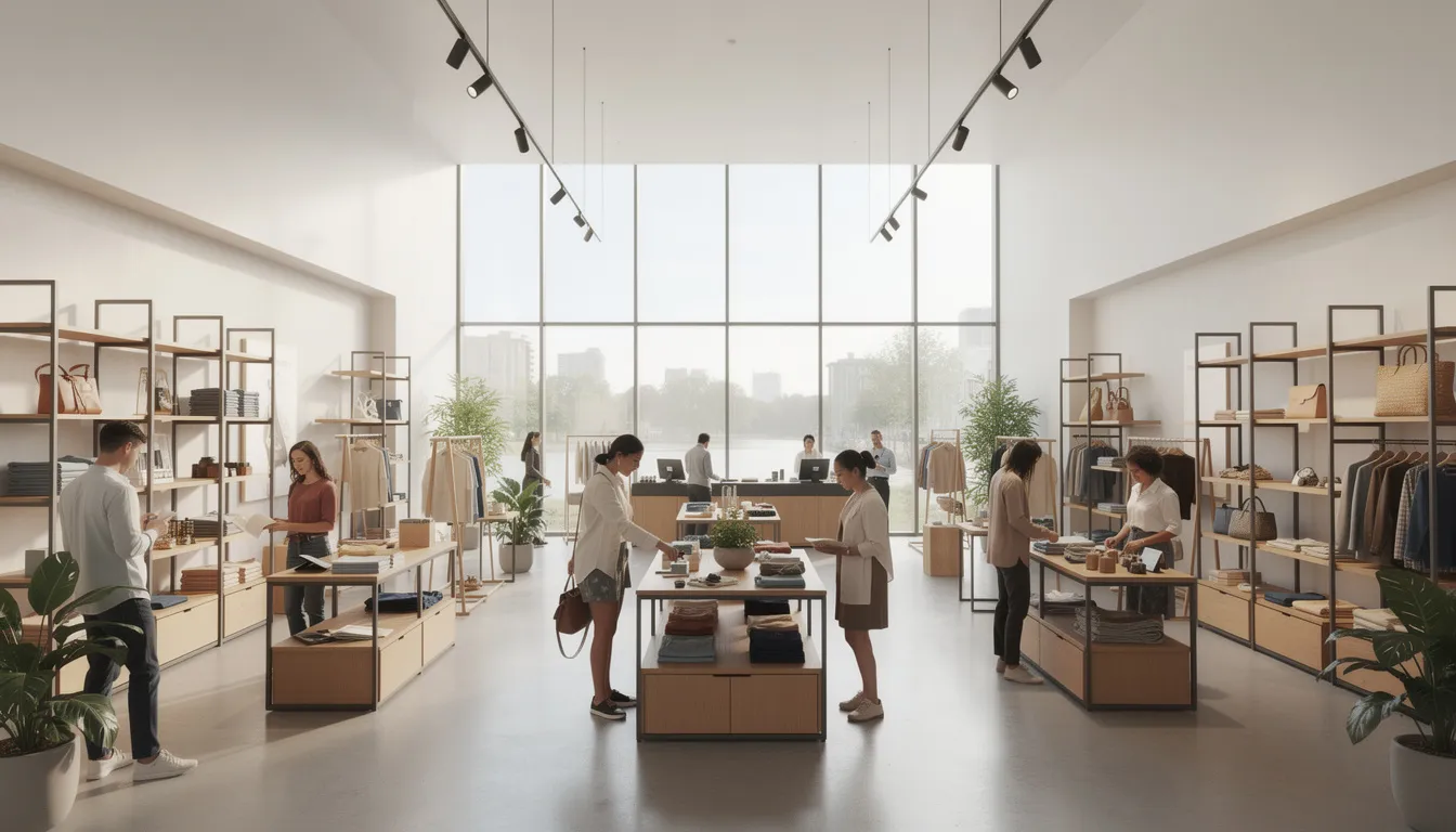 The image depicts a modern retail store interior filled with natural lighting, where customers are actively browsing through various merchandise displays. This inviting atmosphere enhances the overall customer experience, reflecting the innovative design and strategic layout commonly seen in successful retail companies.