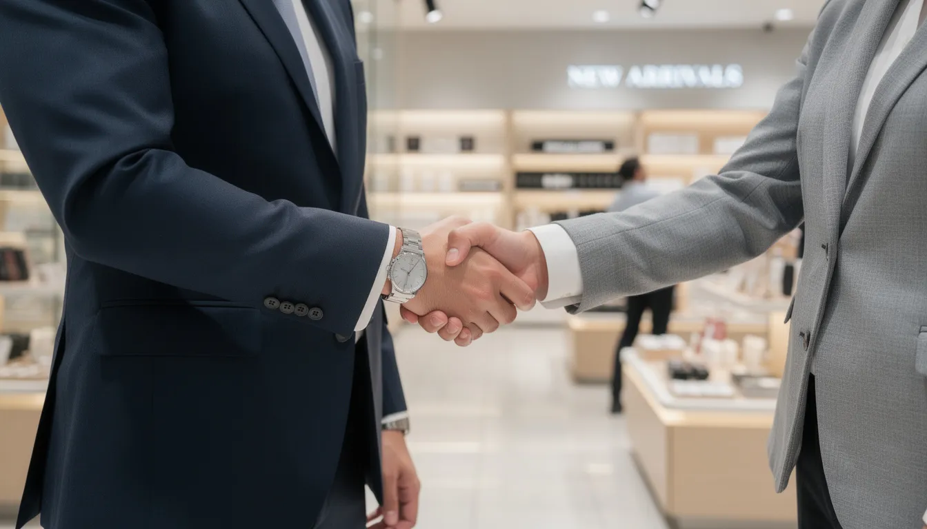 The image depicts a business handshake between two professionals in a retail environment, with colorful store displays visible in the background, symbolizing collaboration and partnership in the retail industry. This scene highlights the importance of customer experience and strategic partnerships in retail business success.