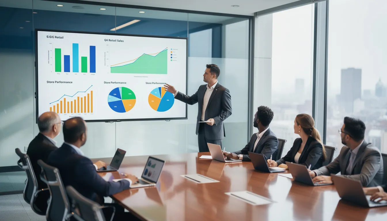 A professional managing director is presenting retail data charts to a team in a modern conference room, showcasing insights that are crucial for the retail industry. The atmosphere reflects a focus on strategy and customer experience, with team members engaged in discussions about improving business operations.