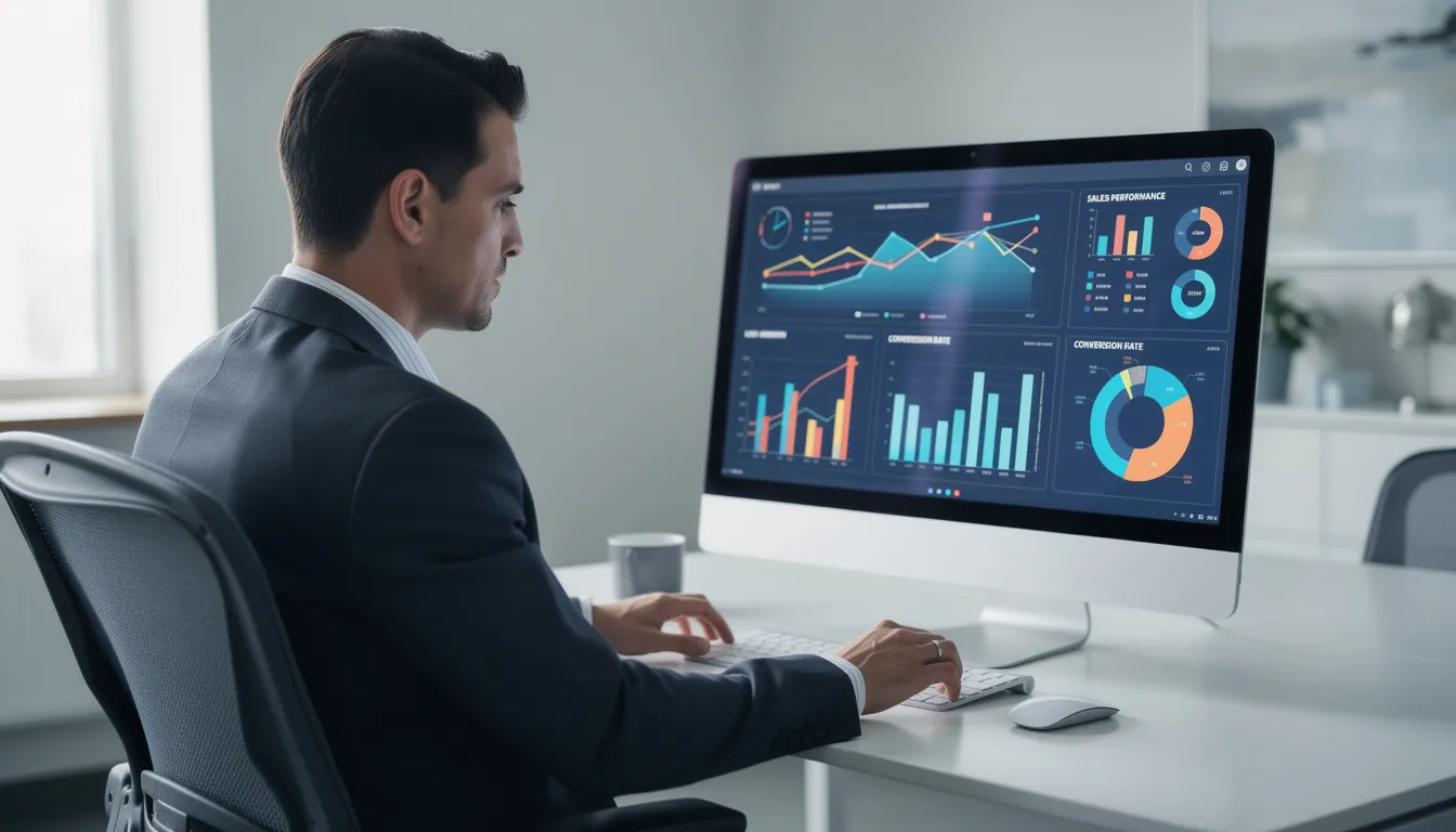 A business professional is focused on reviewing analytics dashboards displayed on a computer screen, which features various charts and graphs that provide valuable insights into customer satisfaction metrics. This analysis aims to measure customer satisfaction levels and improve overall customer experience through informed decision-making.