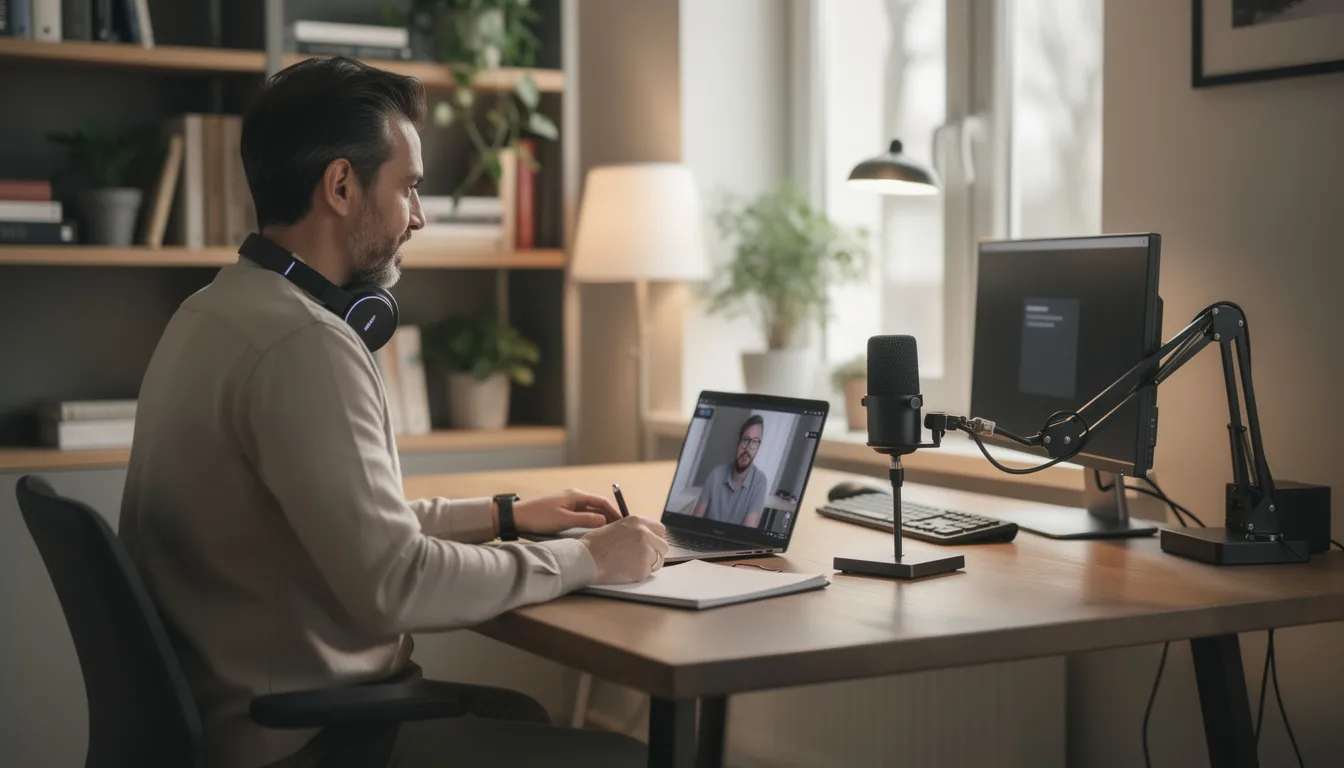 A professional is conducting a video research interview in a home office, utilizing qualitative and quantitative methods to gather user feedback for customer research. The setup includes a computer, a microphone, and various research materials, reflecting a focus on actionable insights and product strategy.