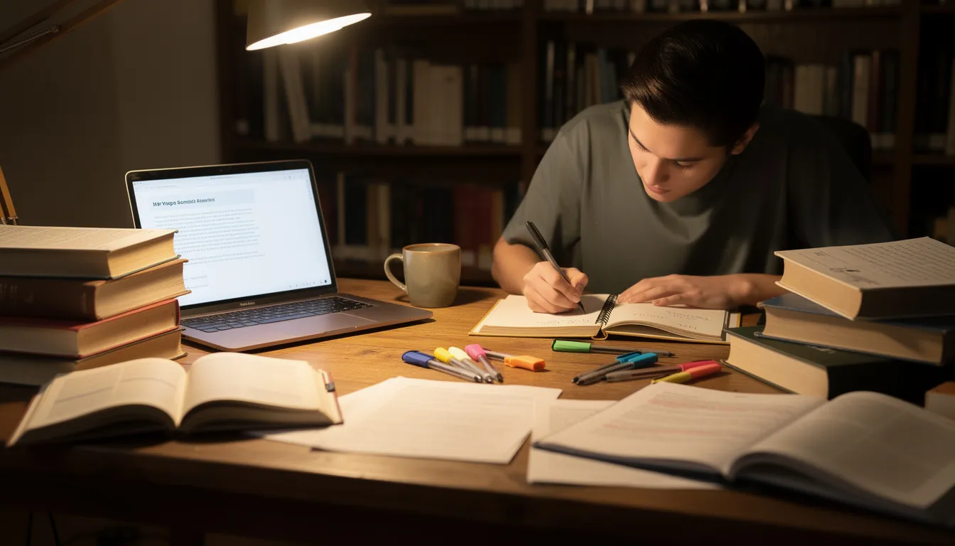 A person is studying at a desk cluttered with books, a laptop, and various research materials, indicating an engagement in product research and user research activities. The scene reflects a focus on developing actionable insights and understanding customer needs through both qualitative and quantitative methods.