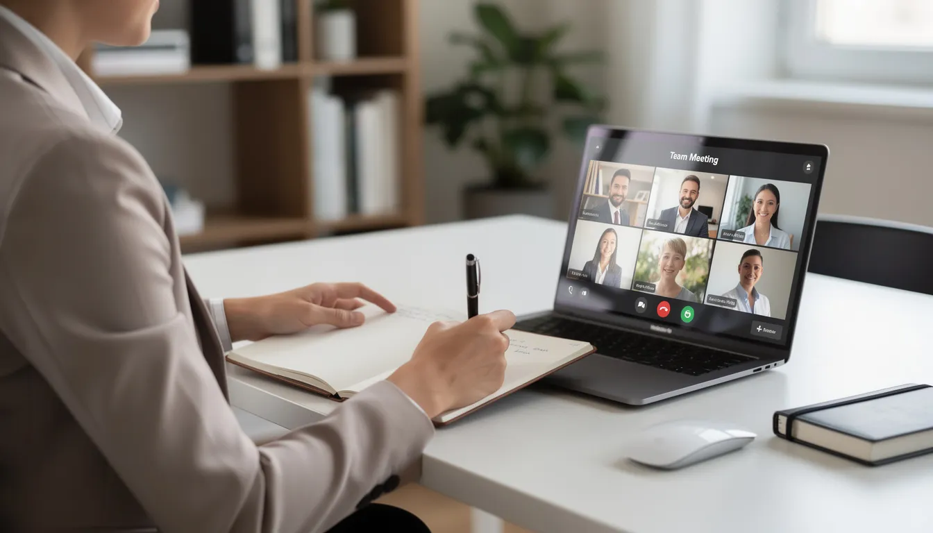 A professional is engaged in a video call, intently taking notes, showcasing a positive and productive moment in their everyday life. The scene reflects a keen understanding of communication and the importance of staying connected, embodying a life-enhancing perspective.
