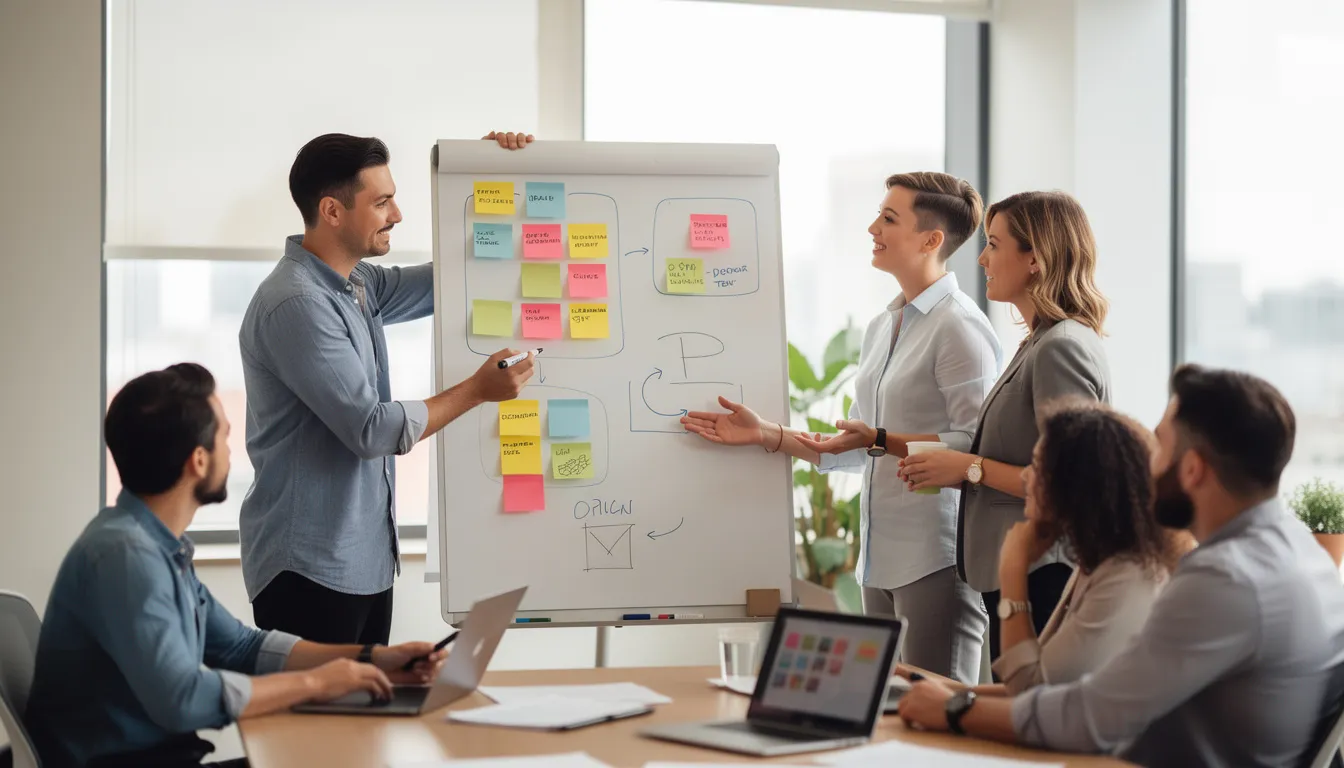 The image depicts a diverse group of team members engaged in a productive discussion, surrounded by colorful sticky notes on a whiteboard, symbolizing collaboration and positive living. Their expressions reflect enthusiasm and insight, embodying the life-enriching tapestry woven through teamwork and shared ideas.