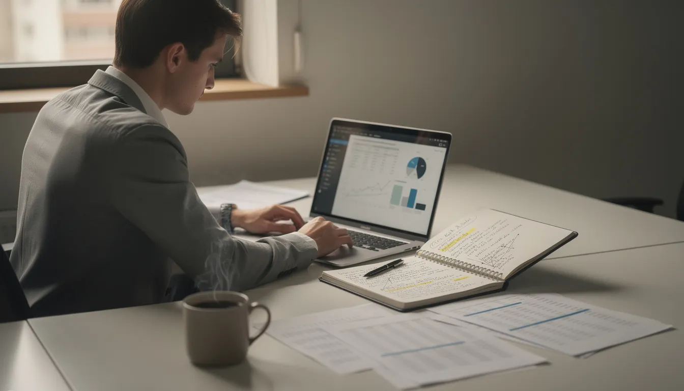 A researcher sits at a desk, deeply focused on reviewing data on a laptop, surrounded by notes and a steaming cup of coffee, embodying a positive approach to everyday life and the pursuit of knowledge. This scene reflects a vibrant and life-enhancing perspective, showcasing the importance of rational insight and the joy of engaging with information.
