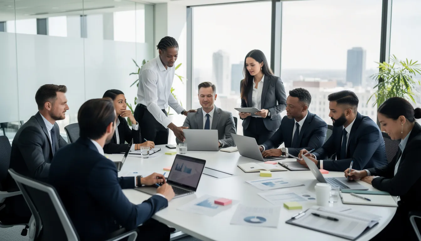 A diverse group of professionals collaborates around a conference table, engaged in positive discussions while using laptops and taking notes. This scene reflects a life-enriching tapestry woven with teamwork and shared insights, embodying the essence of positive living and optimism in everyday life.