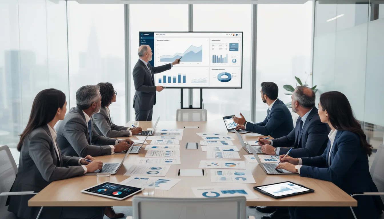 A diverse group of business professionals is engaged in a discussion in a modern conference room, analyzing research data related to participant bias and its impact on survey results. They are reviewing key constructs and findings that may influence mental and physical health outcomes in their target population.