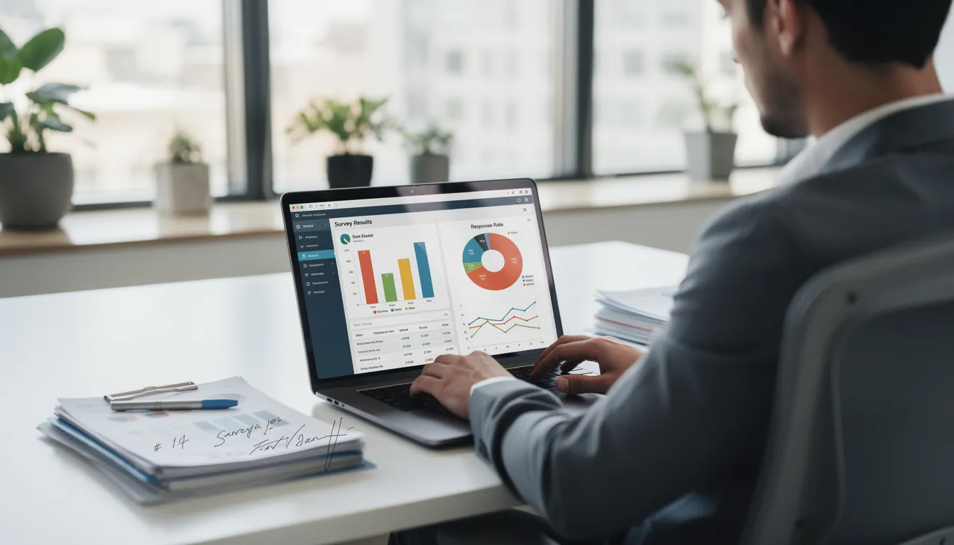A professional researcher is seated at a modern desk, intently analyzing survey data on a laptop, surrounded by a contemporary office environment. The researcher focuses on understanding potential response biases, such as social desirability bias and extreme response bias, to ensure accurate results from the survey research methods employed.