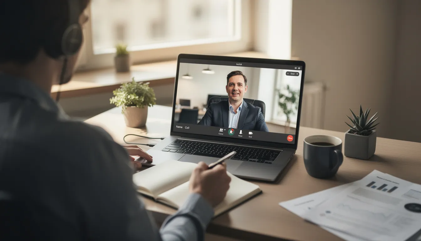 The image shows a researcher engaged in a video interview with a business executive, with the laptop screen displaying their conversation. This setup highlights the importance of qualitative research in concept testing, allowing for the gathering of actionable insights and feedback on multiple product ideas.