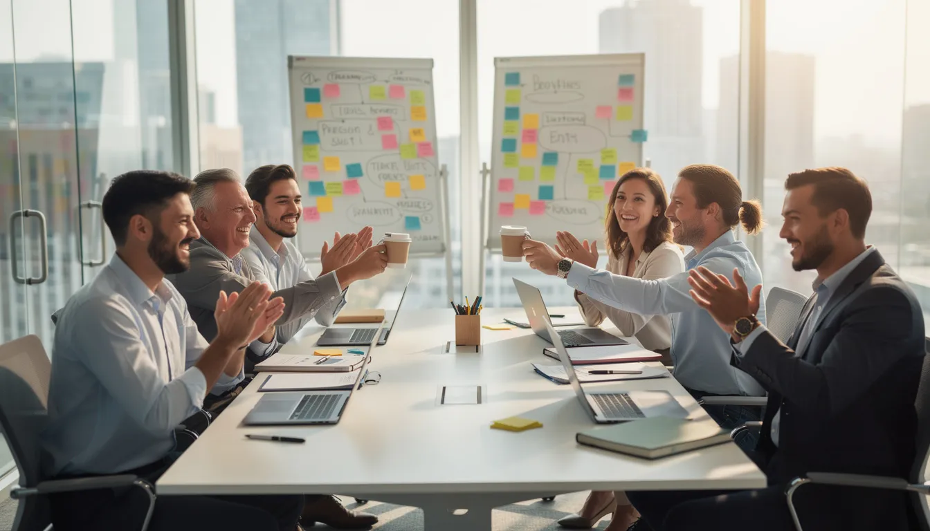 A diverse team is gathered around a conference table, celebrating their achievements with laptops open and whiteboards covered in colorful sticky notes in the background. This scene reflects collaboration and the importance of gathering user feedback to enhance customer satisfaction and drive actionable insights.