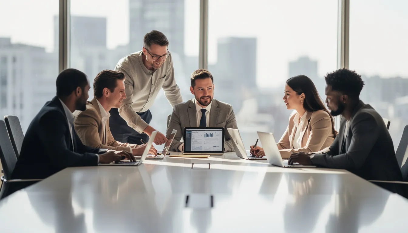 A diverse team of professionals is collaborating around a conference table, each focused on their laptops as they discuss strategies for participant recruitment in user experience research. Their engagement suggests a commitment to gathering valuable insights that will enhance the research process and improve customer feedback.