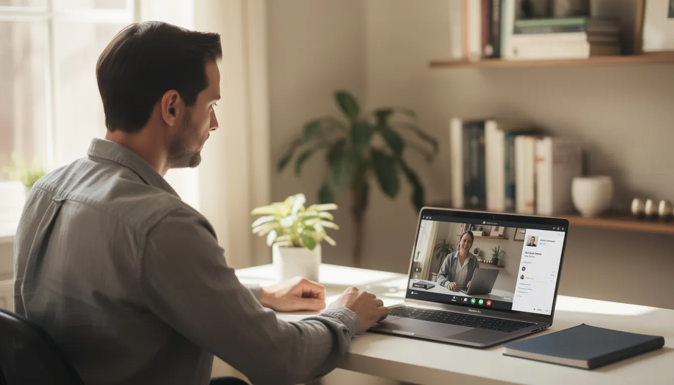 A professional is engaged in a video research interview from their home office, actively participating in user research to gather valuable insights. The setting reflects a comfortable work environment, emphasizing the importance of effective participant recruitment for successful research projects.