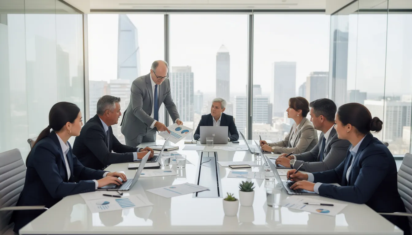 The image depicts a diverse group of business professionals collaborating around a conference table, engaged in discussions with laptops and documents spread out in front of them. This scene highlights the importance of user experience research and collaboration in the design process, as team members work together to gather valuable insights and address user needs.