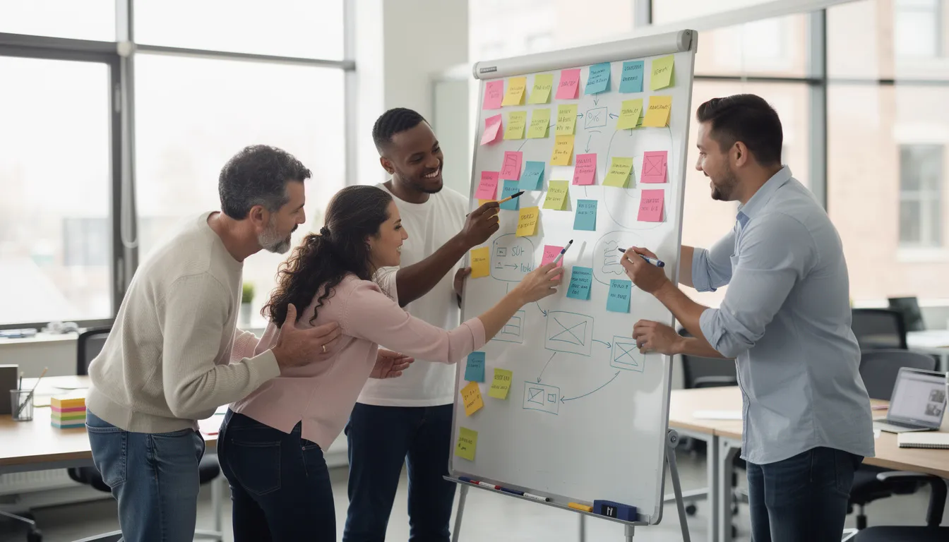 A design team is collaborating around a whiteboard filled with colorful sticky notes, discussing various user research methods and gathering insights to improve user experience. The atmosphere reflects a dynamic design process as they analyze qualitative and quantitative data to address user needs and usability issues.