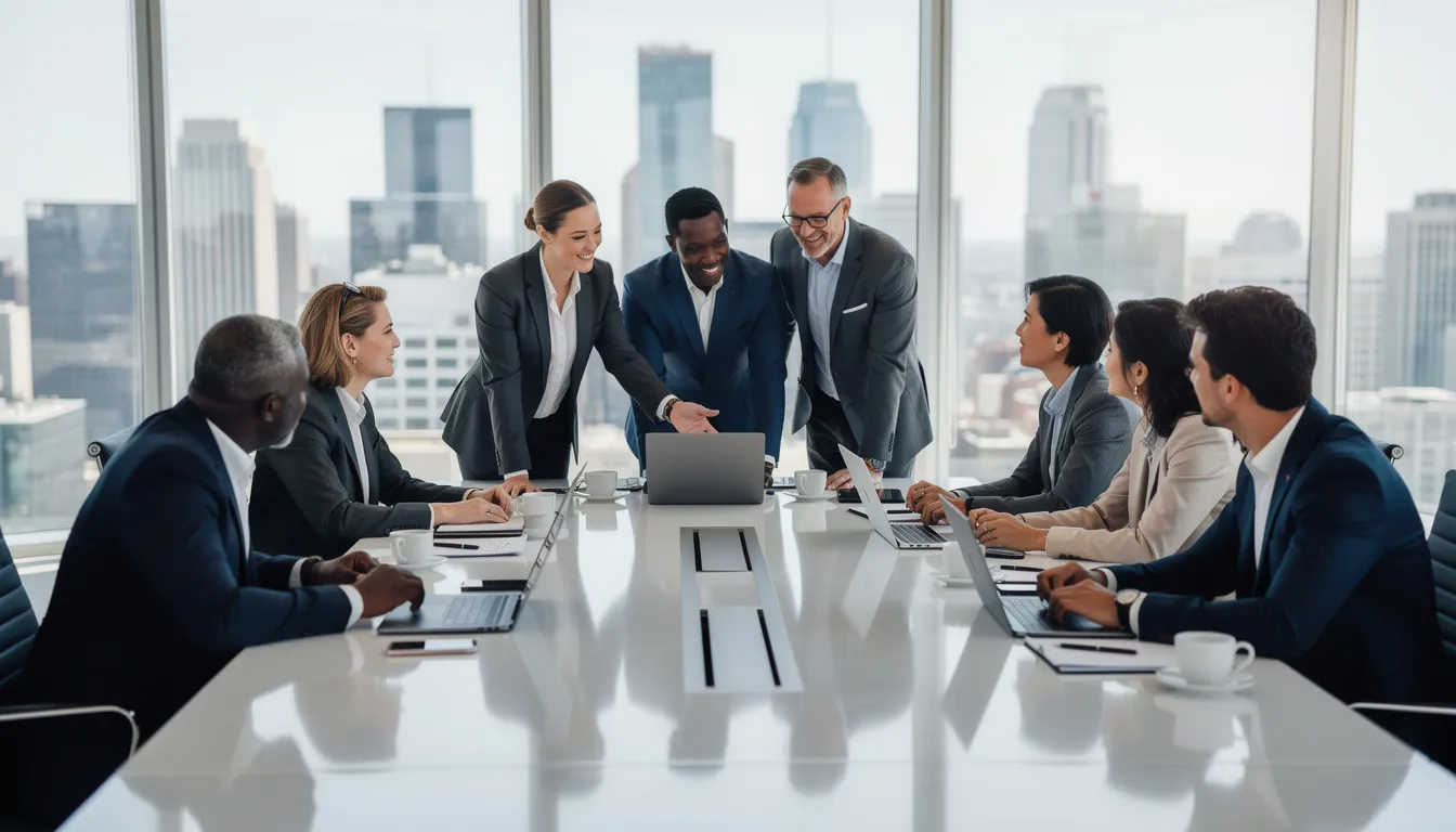 The image depicts a diverse group of business professionals collaborating around a conference table, each engaged with their laptops. This dynamic setting highlights the importance of user feedback and evaluative research methods in the product development process, as team members discuss insights to enhance user experience and satisfaction.