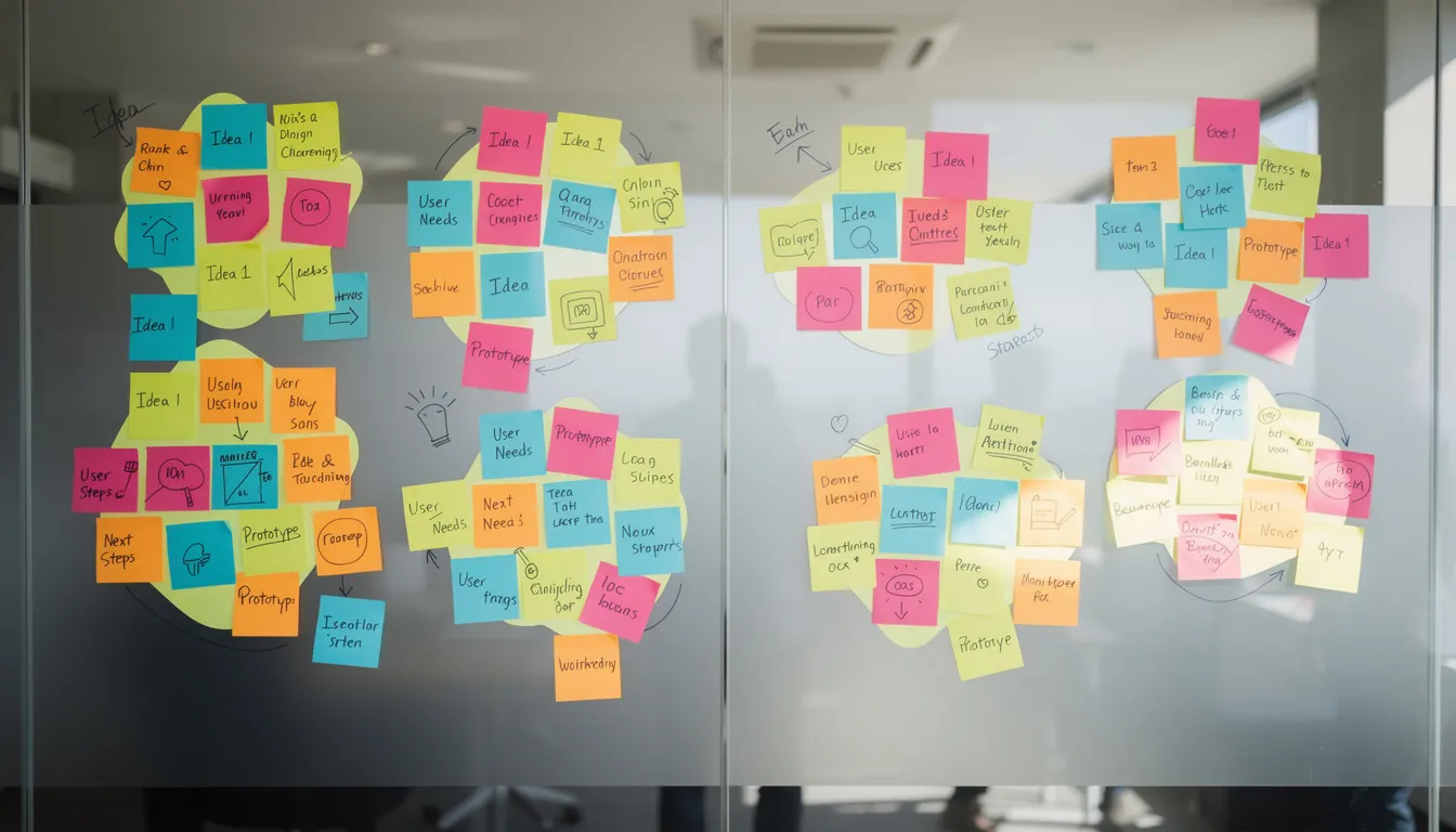 The image features a vibrant display of colorful sticky notes clustered on a glass wall, symbolizing the output of a workshop focused on user research and persona creation. These notes likely represent various user personas, pain points, and insights aimed at understanding target audiences and improving marketing strategies.