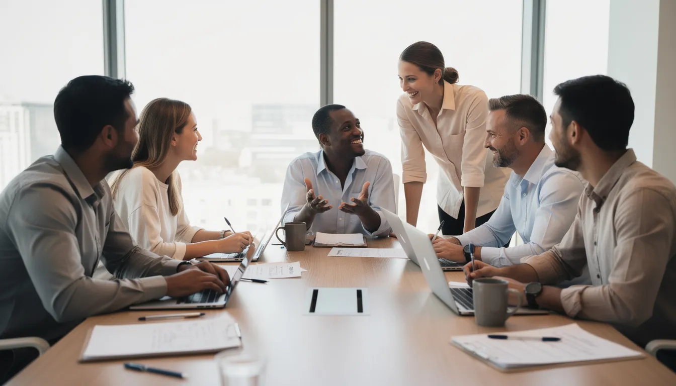 A diverse team of professionals is gathered around a table, collaborating on laptops and notebooks while discussing user personas and insights. Their engaged expressions reflect a focus on understanding target audience behaviors and creating detailed personas to enhance their marketing strategies.