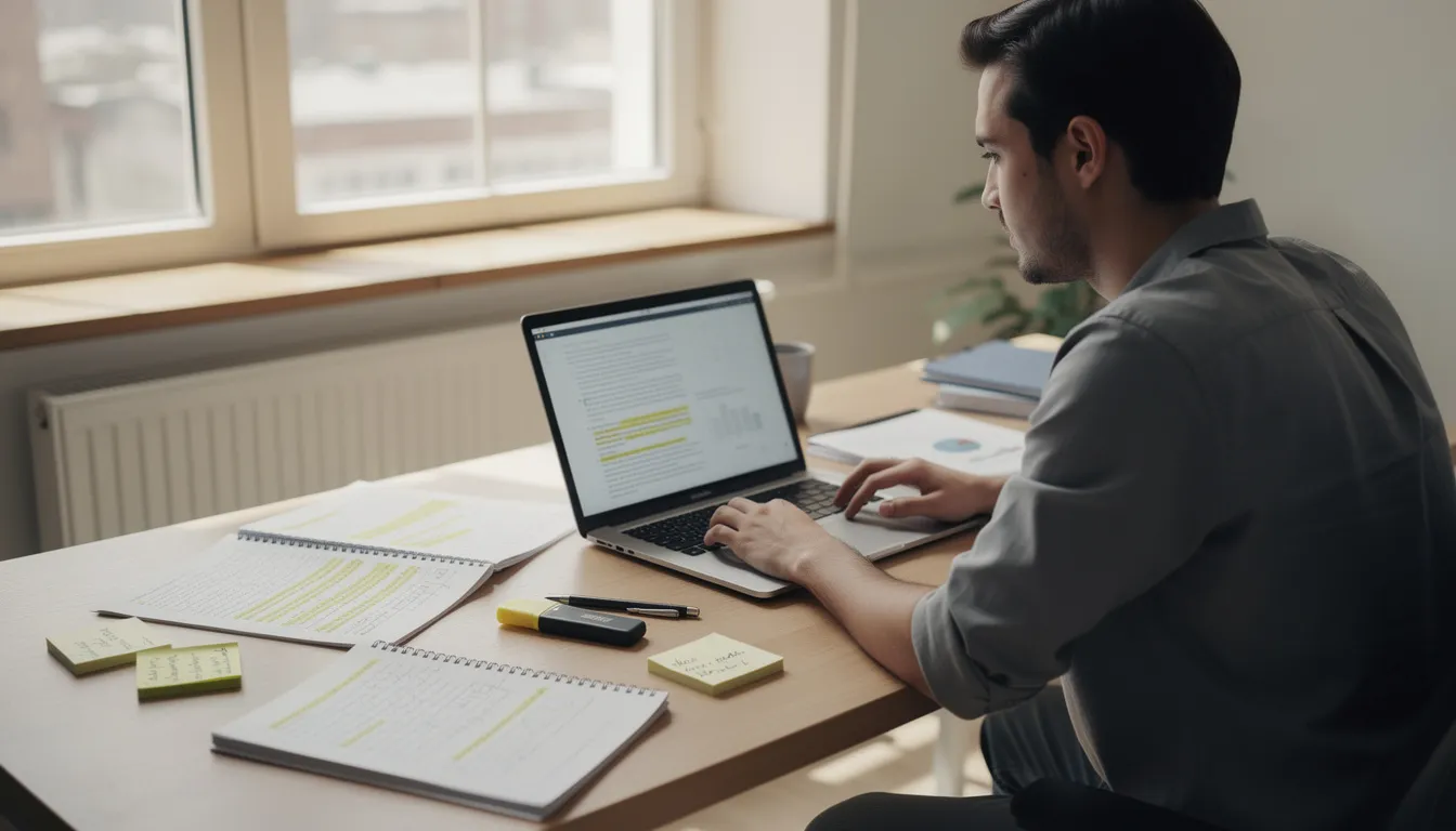 A qualitative researcher sits at a laptop, reviewing notes and research materials related to qualitative interviews, focusing on the interview process and collecting qualitative data. The workspace is organized with documents and resources that aid in the analysis of research findings and the development of interview questions.