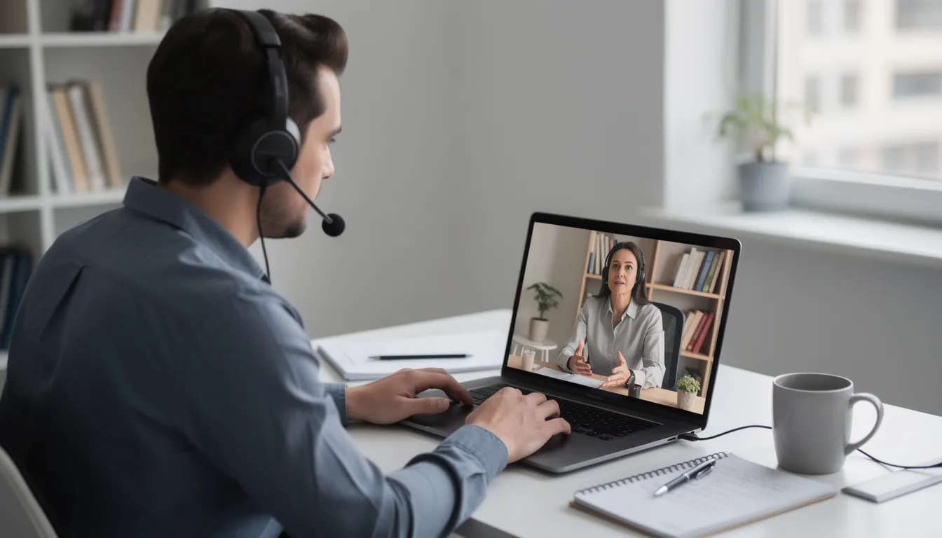 The image depicts two professionals engaged in a video call for a qualitative research interview, discussing interview questions and collecting qualitative data. The scene captures a natural conversation as they exchange insights and feedback, contributing to the research findings.