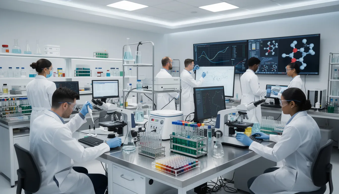 The image depicts scientists engaged in various tasks within a modern laboratory, surrounded by advanced equipment and computers, highlighting their work in scientific research. They are likely employing both qualitative and quantitative methods to collect data and analyze findings, contributing to the understanding of complex variables and relationships in their research endeavors.