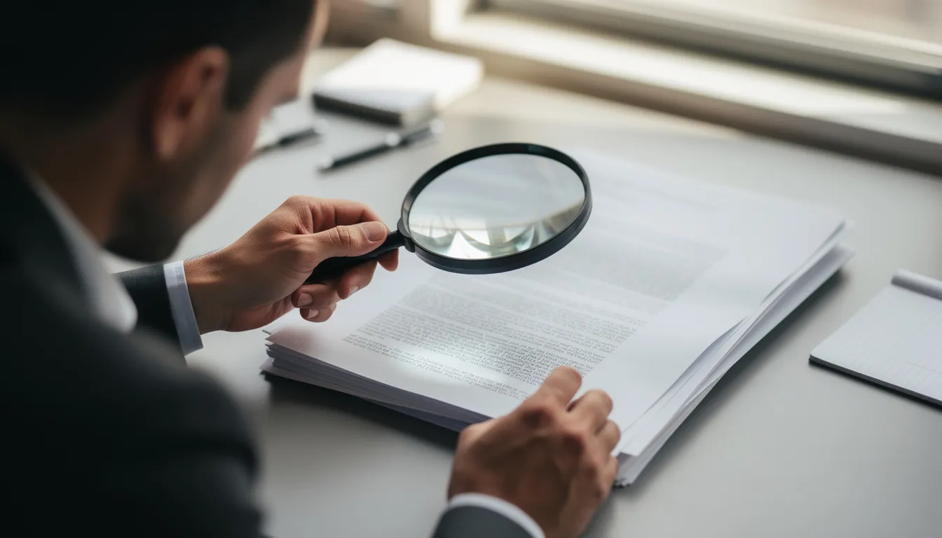 A person is using a magnifying glass to closely examine a stack of documents, suggesting a thorough literature review or preliminary research process. This focused activity highlights the importance of developing clear research questions and evaluating existing knowledge in a research project.