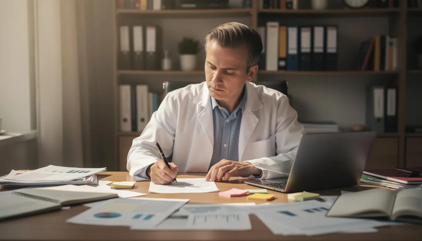 The image depicts a researcher sitting at a desk cluttered with papers and a laptop, deep in thought as they analyze notes related to their research project. This scene captures the essence of the research process, highlighting the importance of formulating research questions and conducting thorough literature reviews.
