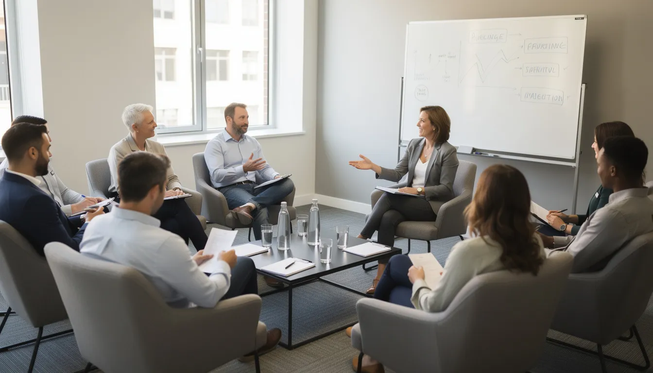 The image depicts a moderator leading a focus group discussion with participants seated in a circle, engaging in a qualitative research session aimed at uncovering consumer behavior and market trends. This setting is essential for market research companies to gather valuable insights and perform market research effectively.