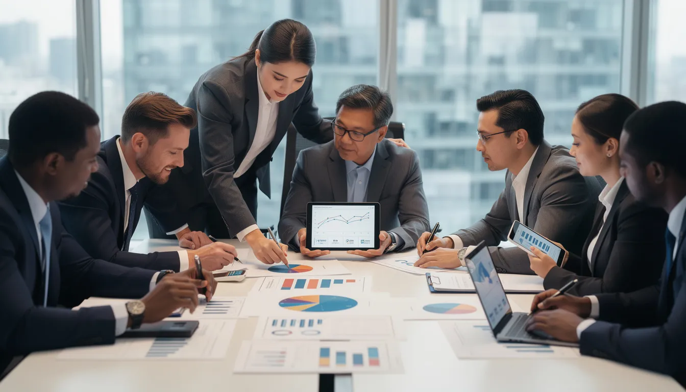 A diverse group of professionals is seated around a table, collaboratively reviewing charts and documents, likely analyzing market trends and discussing research findings. This scene reflects the teamwork involved in market research efforts, focusing on data collection and actionable insights to inform business decisions.