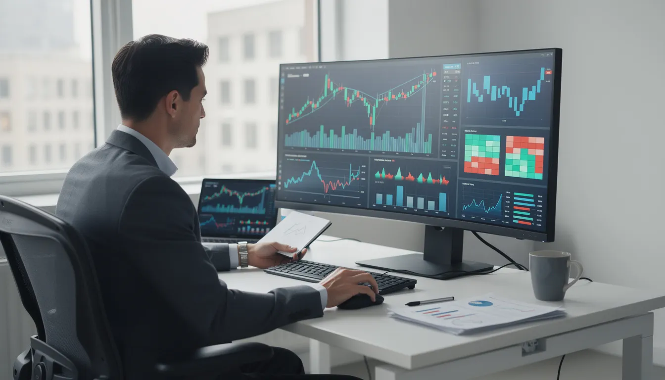 A professional is intently reviewing market data visualizations displayed on a large monitor, analyzing trends and insights that could inform business decisions. This setting highlights the importance of market research efforts in understanding consumer behavior and identifying target markets.