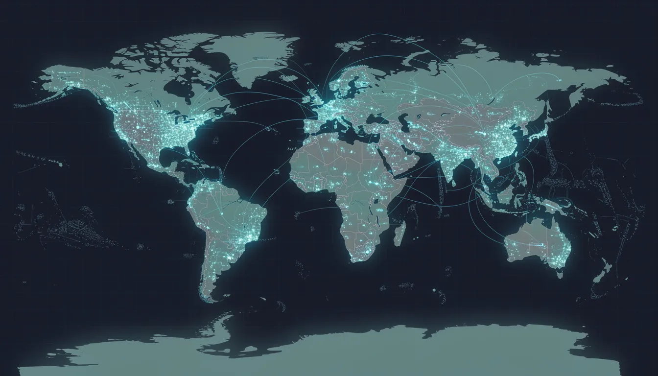 The image depicts a world map illuminated by glowing connection points that link major cities across different continents, symbolizing the global network of market research and insights professionals. This visual representation highlights the importance of high-quality data and innovative research tools in connecting clients and researchers around the world.
