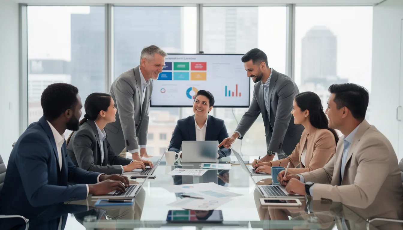 The image depicts a diverse group of business professionals collaborating around a modern conference table in an office setting, engaged in discussions about market research and consumer insights. They are utilizing various research tools and technologies to empower their projects and drive innovation in their strategies.