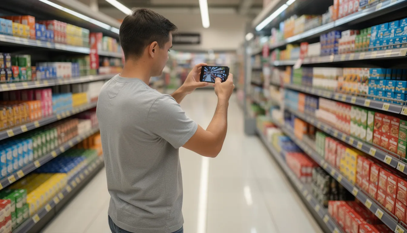 A person is holding a smartphone, capturing images of various products displayed on store shelves, highlighting the use of technology in market research to gather real-time insights and feedback. This scene illustrates how market researchers and insights professionals utilize tools to enhance their consumer research efforts.
