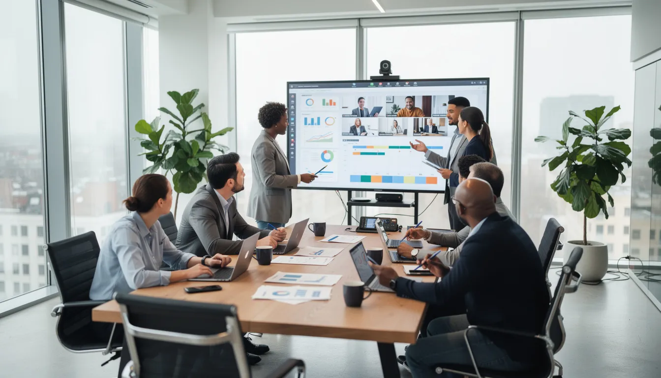 The image depicts a diverse group of professionals collaborating in a modern hybrid workspace, utilizing laptops and digital displays. This scene reflects the future of work, where business leaders and workers come together to innovate and adapt to technological changes, emphasizing the importance of new skills and talent management in today's economy.
