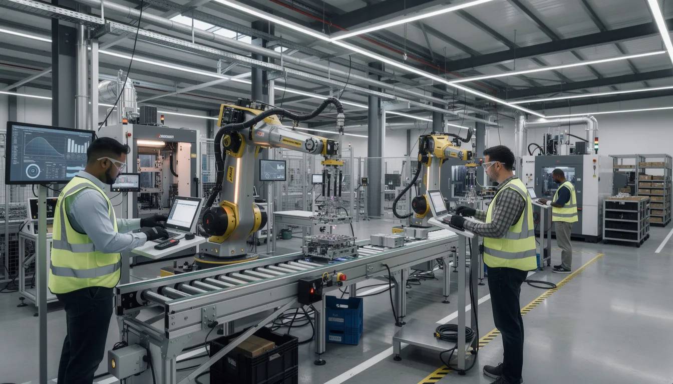 The image depicts robots and humans collaborating closely in a modern manufacturing facility, highlighting the future of work where technology evolves alongside the labor force. This scene illustrates the integration of artificial intelligence and automation in the workplace, emphasizing the need for new skills and talent management to thrive in an innovative economy.