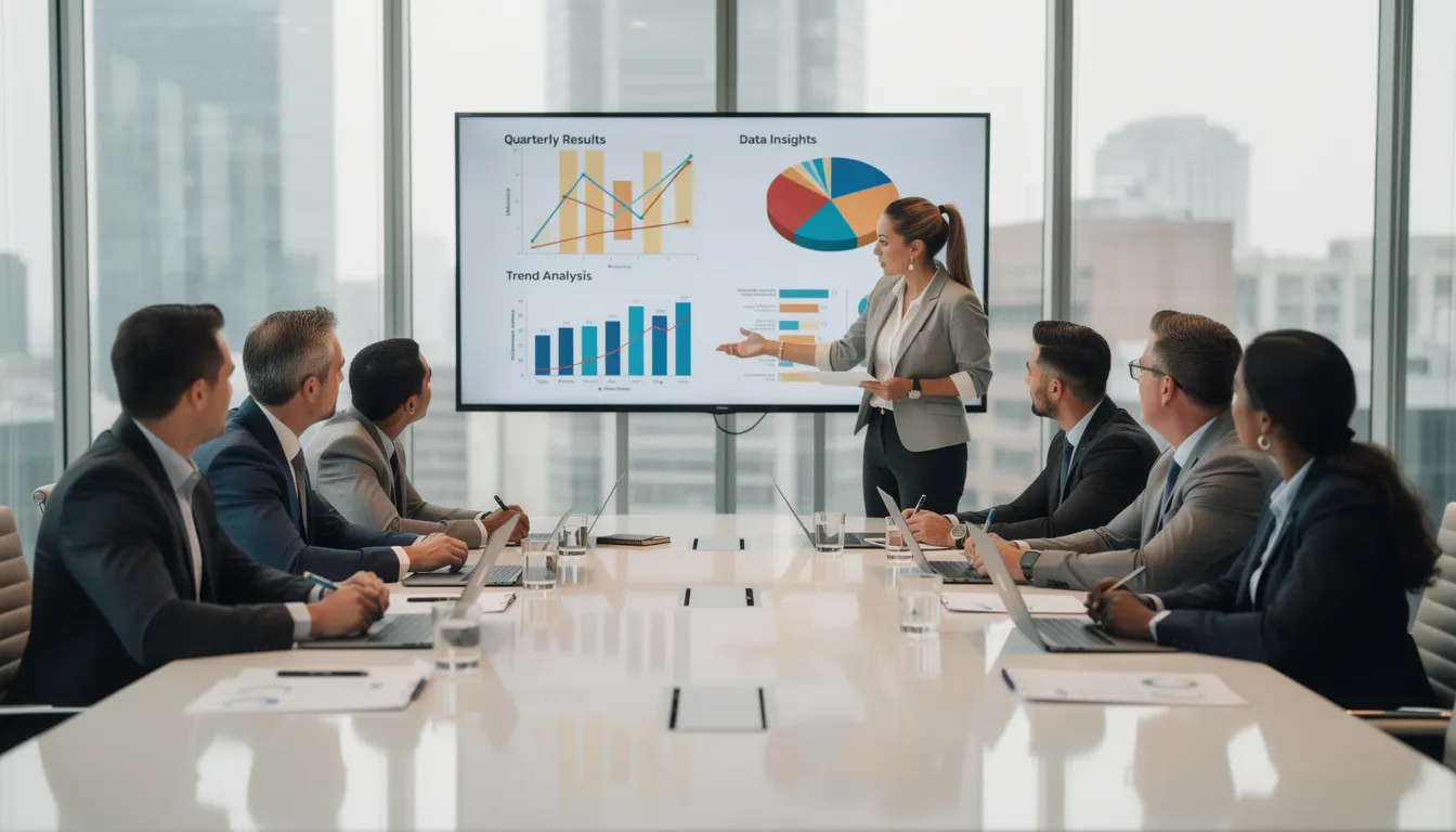 A team is gathered around a conference table, discussing research findings while analyzing charts displayed on a screen. They are likely focusing on market research methods and data analysis to gain actionable insights into customer behavior and market trends.