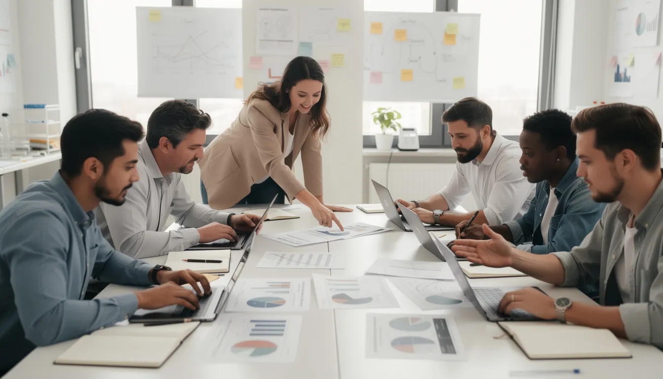 A diverse group of researchers collaborates around a table, engaging with laptops and documents as they discuss various research methods, including qualitative and quantitative research. Their focus is on gathering data and analyzing results to address complex research questions and ethical considerations in their study.
