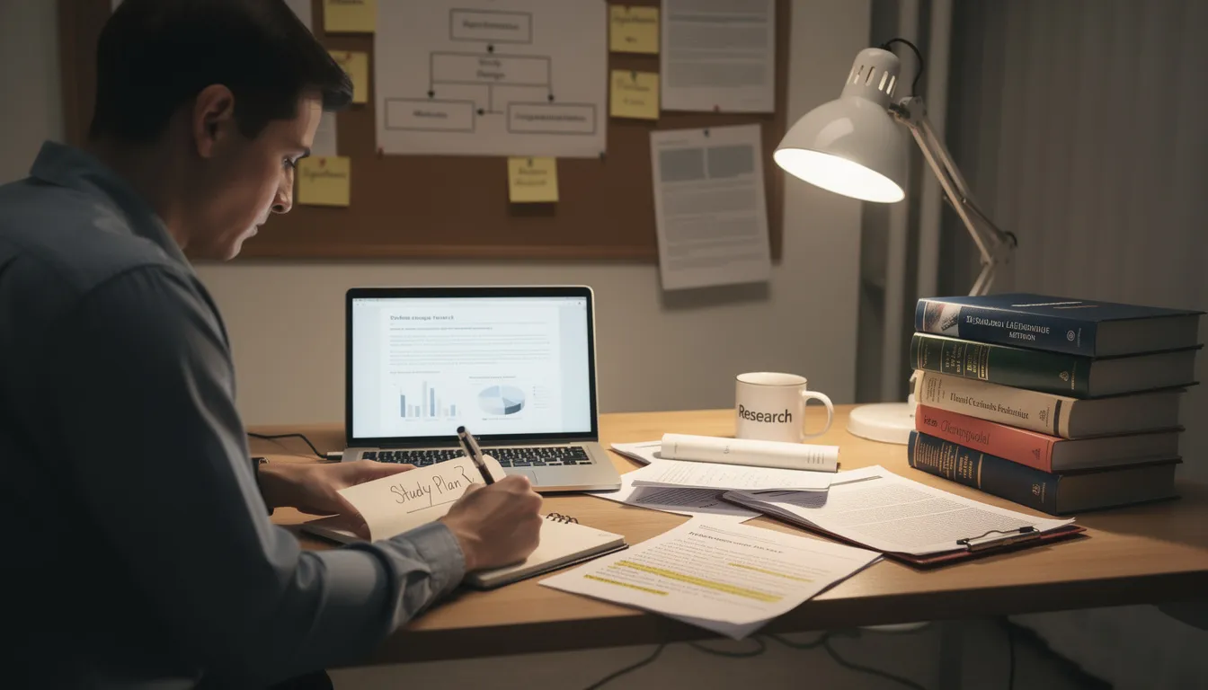 A researcher sits at a desk, focused on a laptop and surrounded by notes, as they plan a study involving various data collection methods. The scene reflects the research process, highlighting the importance of developing research questions and considering ethical considerations in both qualitative and quantitative research.